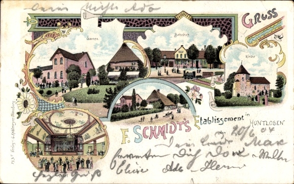 Chromo-Litho Huntlosen Großenkneten in Lower Saxony, E. Schmidt Establishment, train station, hall