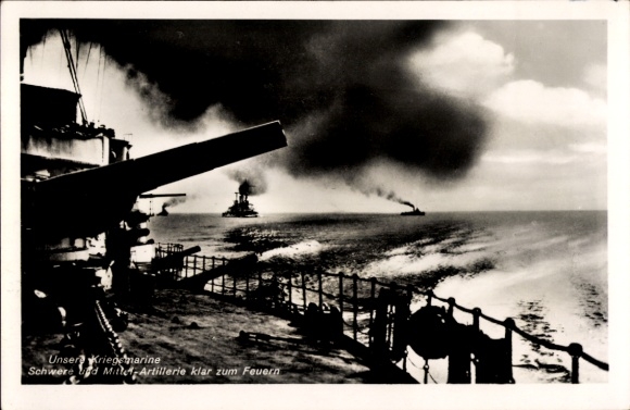German warship, heavy and medium artillery ready to fire, Kriegsmarine