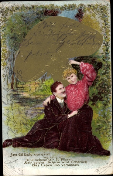 Embossed litho couple of lovers under a large mushroom, united in happiness