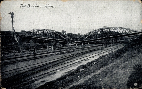 Postcard Vilnius Wilna Lithuania, bridge in railway, tracks, black and white photo