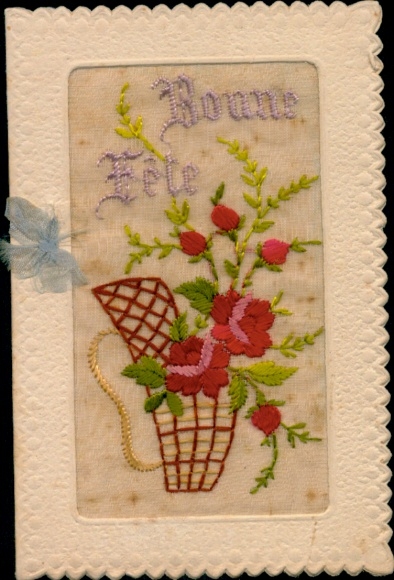 Silk embroidery, congratulations, basket with roses