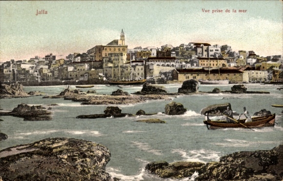 Postcard Tel Aviv Jaffa Israel, view of Jaffa from the sea, houses, boats, coastal landscape