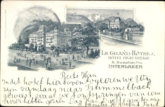 Lithograph of Interlaken, Canton of Bern, Switzerland, Hotel Beau-Rivage