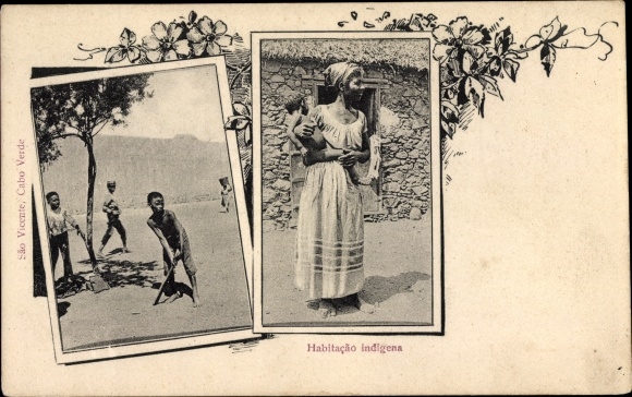 Postcard São Vicente Cape Verde Kap Verde, Habitacao Indigena, Kinder, Frau