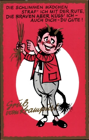 Artist Postcard Krampus, I punish the bad girls with a rod, but I kiss the good ones