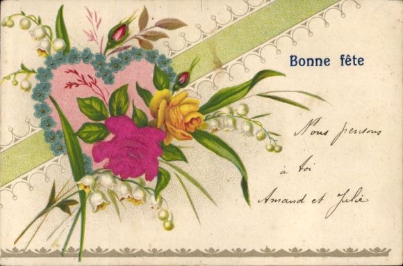 Embosser Chromo-Litho Bonne fete, Flowers, Roses, Heart