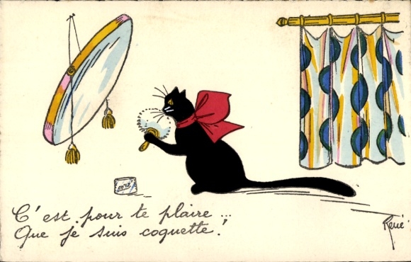 Artist Postcard Rene, Black Cat in front of the Mirror