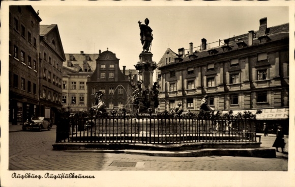 Augsburg in Swabia, fountain, statue, flowers, building, from Augsburg