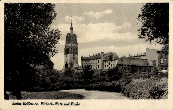 Postcard Berlin Weißensee, Mirbach-Platz, Church