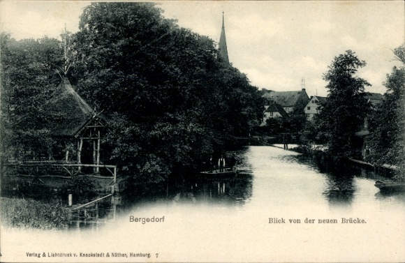 Postcard Hamburg Bergedorf, view from the new bridge to the town