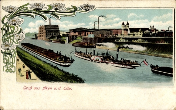 Lithograph of Aken on the Elbe River, Saxony-Anhalt, cargo barge, saloon steamer