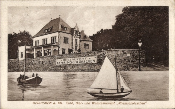 Postcard Uerdingen Krefeld on the Lower Rhine, Restaurant Rheinschlösschen, boats on the water