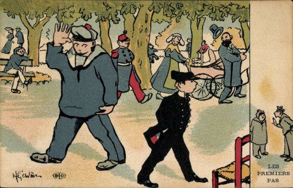 Artist Postcard French soldiers, marines, soldier life, walk in the park