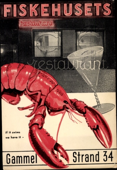 Postcard København Copenhagen Denmark, advertisement, Fiskehusets Restaurant