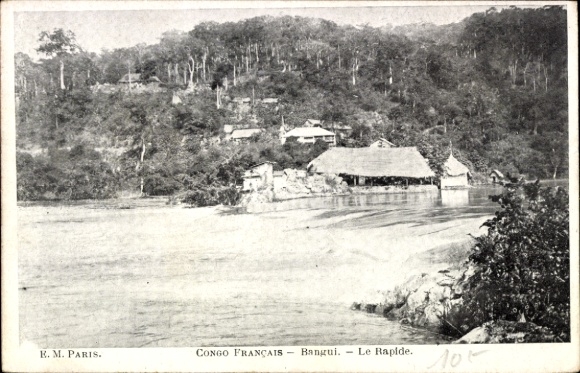 Postcard Bangui Central African Republic, river landscape, huts, trees, Congo Français, Le Rapid