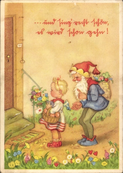Artist Postcard Zwerg with child, well-wishers, flowers