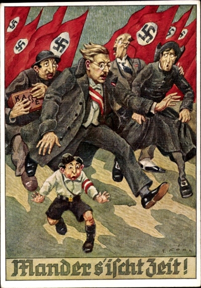 Judaica Artist Postcard Köck, F., Mander s'ischt Zeit, Fleeing Jews, Kurt von Schuschnigg