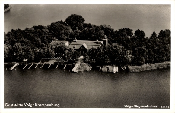 Postcard Berlin Köpenick Müggelheim, restaurant Krampenburg, aerial photograph