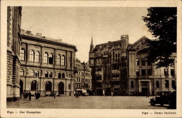 Postcard Riga Latvia, Cathedral Square, building facades, car