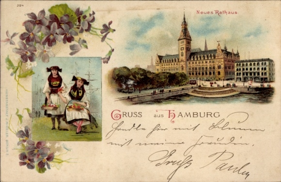 Lithograph Hamburg Mitte Neustadt, New Town Hall, women in traditional dress