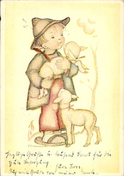 Artist Postcard Hummel, Berta, Hummel book, boy with sheep