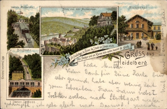 Lithograph Heidelberg on the Neckar River, Molkenkur, Castle Station, Mountain Railway