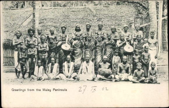 Postcard Malay Peninsula Thailand, people in folk costumes, group shot
