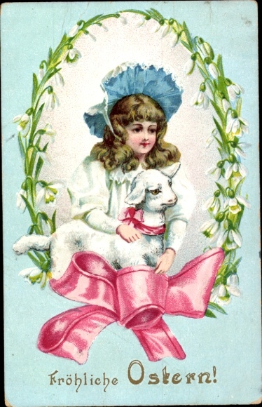 Happy Easter, girl with lamb