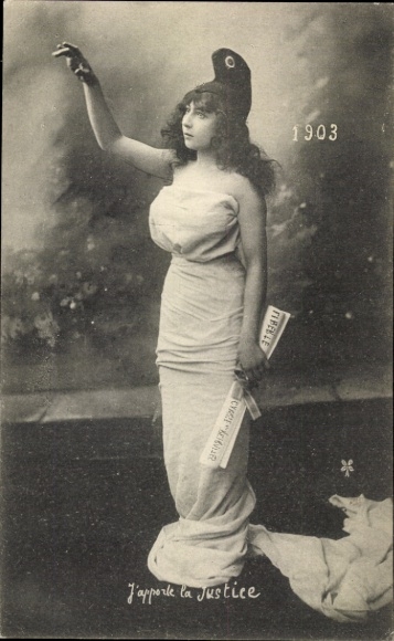 Postcard year 1903, woman in white dress, justice