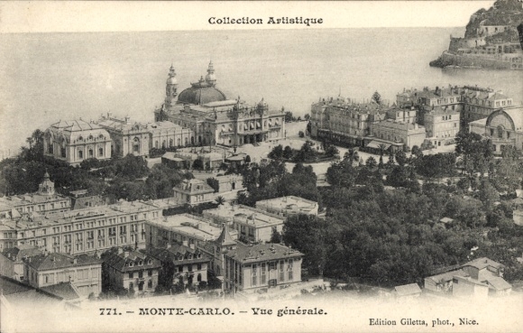 Postcard Monte Carlo Monaco, aerial view of coastal view, buildings, trees