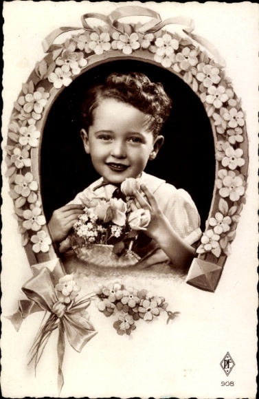 Passepartout Postcard child portrait, horseshoe, flower basket