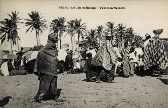 Postcard Saint Louis Senegal, Wolof women, palm fruit, beach, traditional clothing