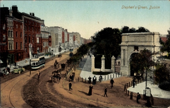 Postcard Dublin Ireland, Stephen's Green, street view, tram, architecture