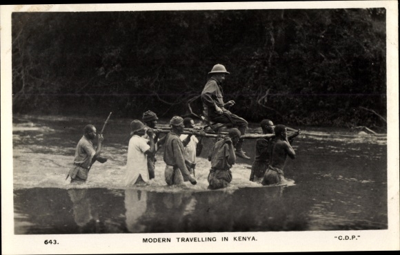 Postcard Kenya, Modern traveling in Kenya, Europeans are worn by Kenyans