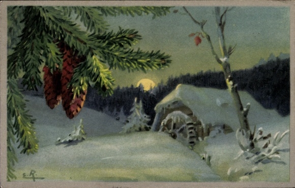 Artist Postcard Winter Landscape at Night, Watermill