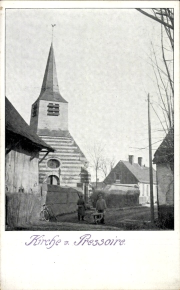 Postcard Pressoire, Church, Street, Passers-by