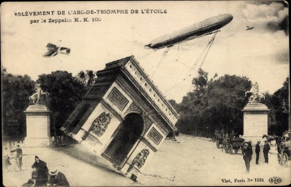 Paris VIII, Arc de Triomphe, lifted by a zeppelin, photomontage
