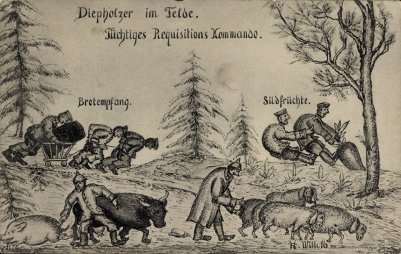 Artist Postcard German Soldiers, Diepholzers in the Field, Efficient Requisition Command, Bread Reception