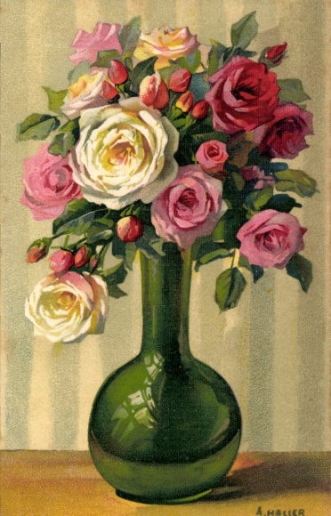 Artist Postcard Haller, A., Roses in a green flower vase