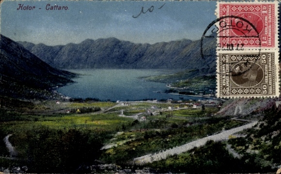 Postcard Kotor Cattaro Montenegro, landscape with mountains, lake