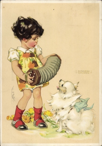 Artist Postcard Lungershausen, Ilse Wende, Girl with Dog, Accordion