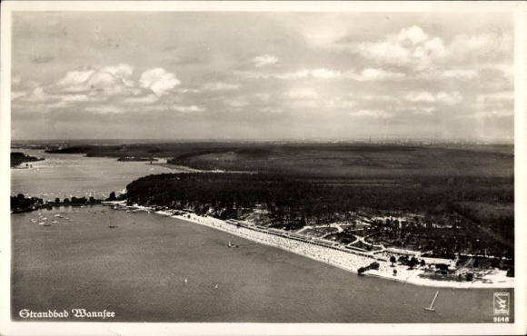 Berlin Zehlendorf Wannsee, Wannsee lido, aerial view, boats, beach, trees