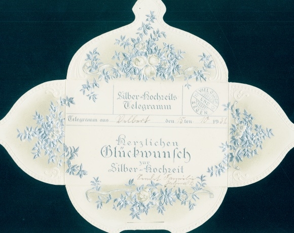 Folding embossed PC congratulations silver wedding, silver wedding telegram