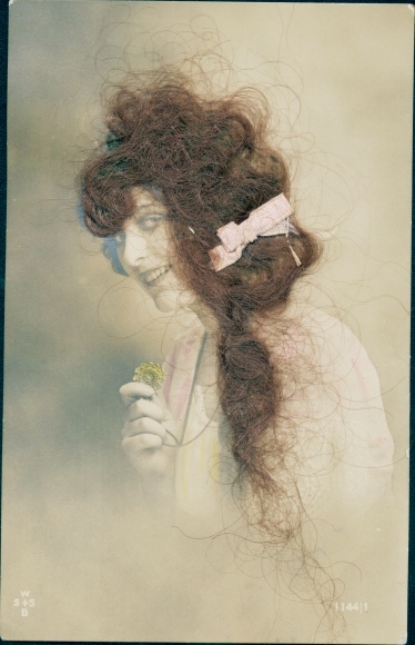 Real hair Postcard woman with long brown hair