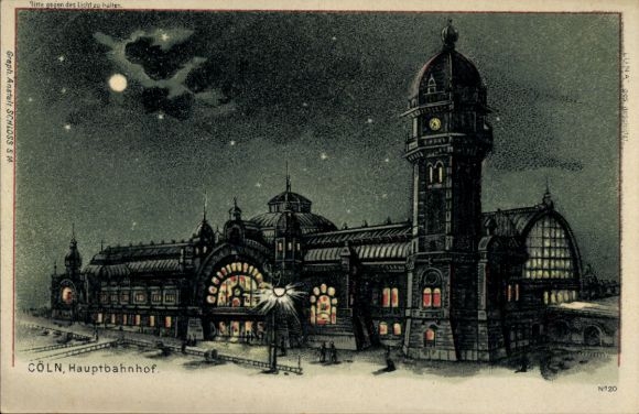 Stop against the light, moonlight lithograph, Cologne on the Rhine, main train station