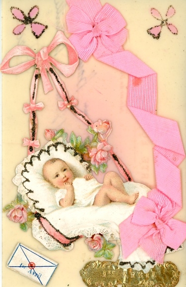 Celluloid PC Happy April 1st, baby, fabric bow, flowers