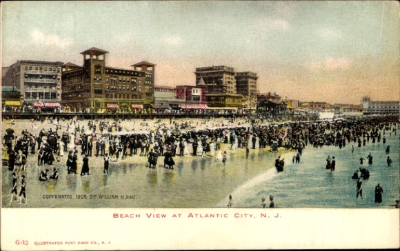 Postcard Atlantic City New Jersey USA, beach view, crowd, buildings, Atlantic City, NJ