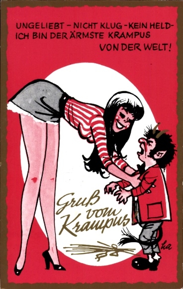 Artist Postcard Krampus, Unloved, not smart, not a hero, brunette in miniskirt, legs, breasts