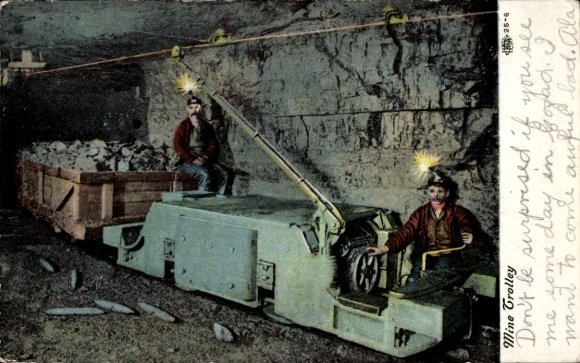 Postcard USA, in a mine, miners on a mine railway