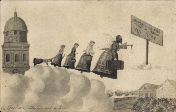Postcard Flying people, bells, cathedral, kitsch